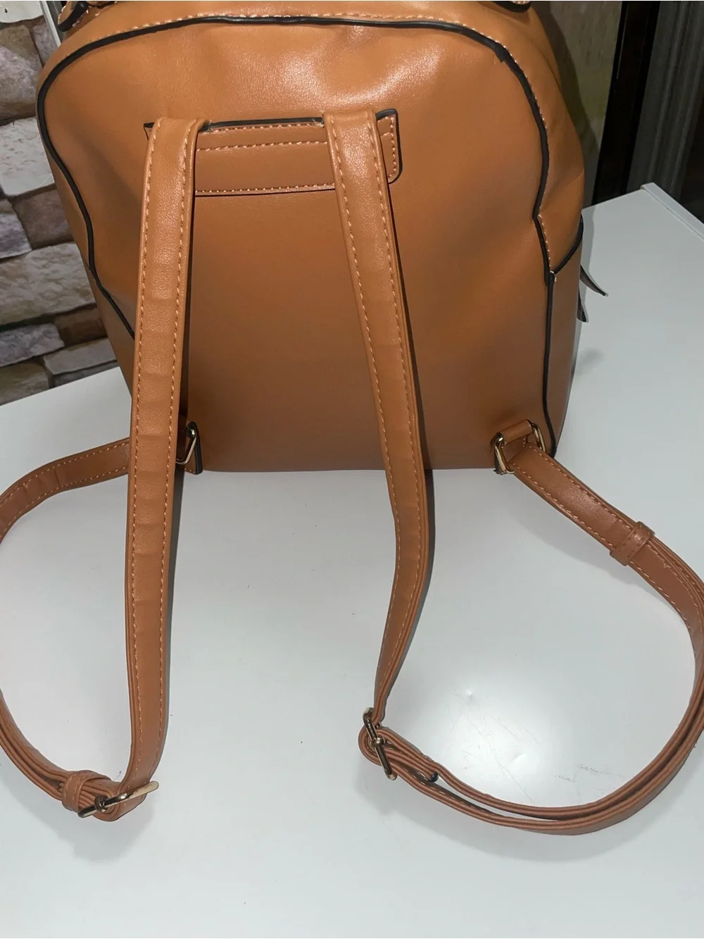Woven Leather-Style Backpack - Brown Vegan leather